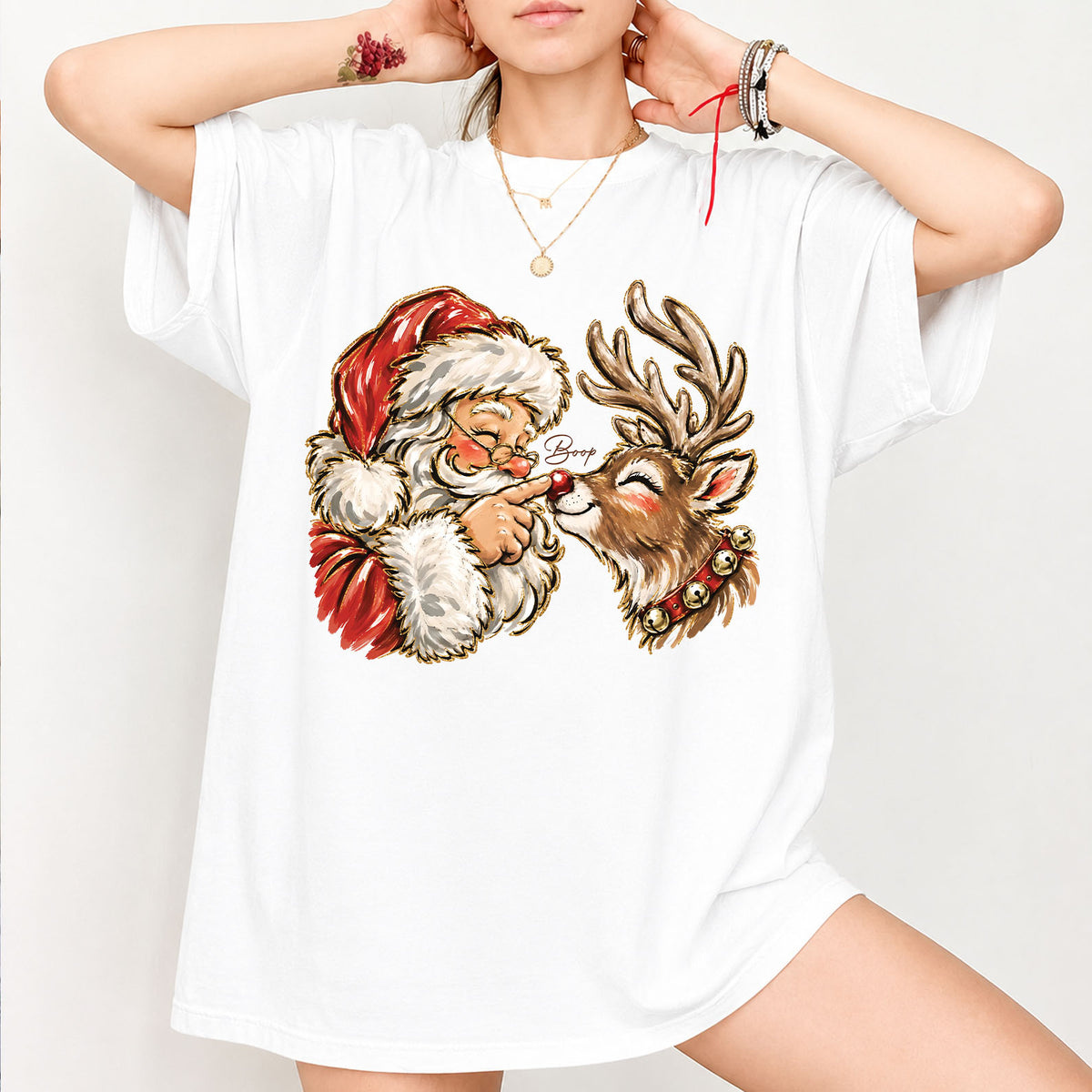 Vintage Santa Boop Reindeer Christmas Shirt, Cute Santa Touching Reindeer Nose T-Shirt, Retro Christmas Sweatshirt, Holiday Family Gift 686744