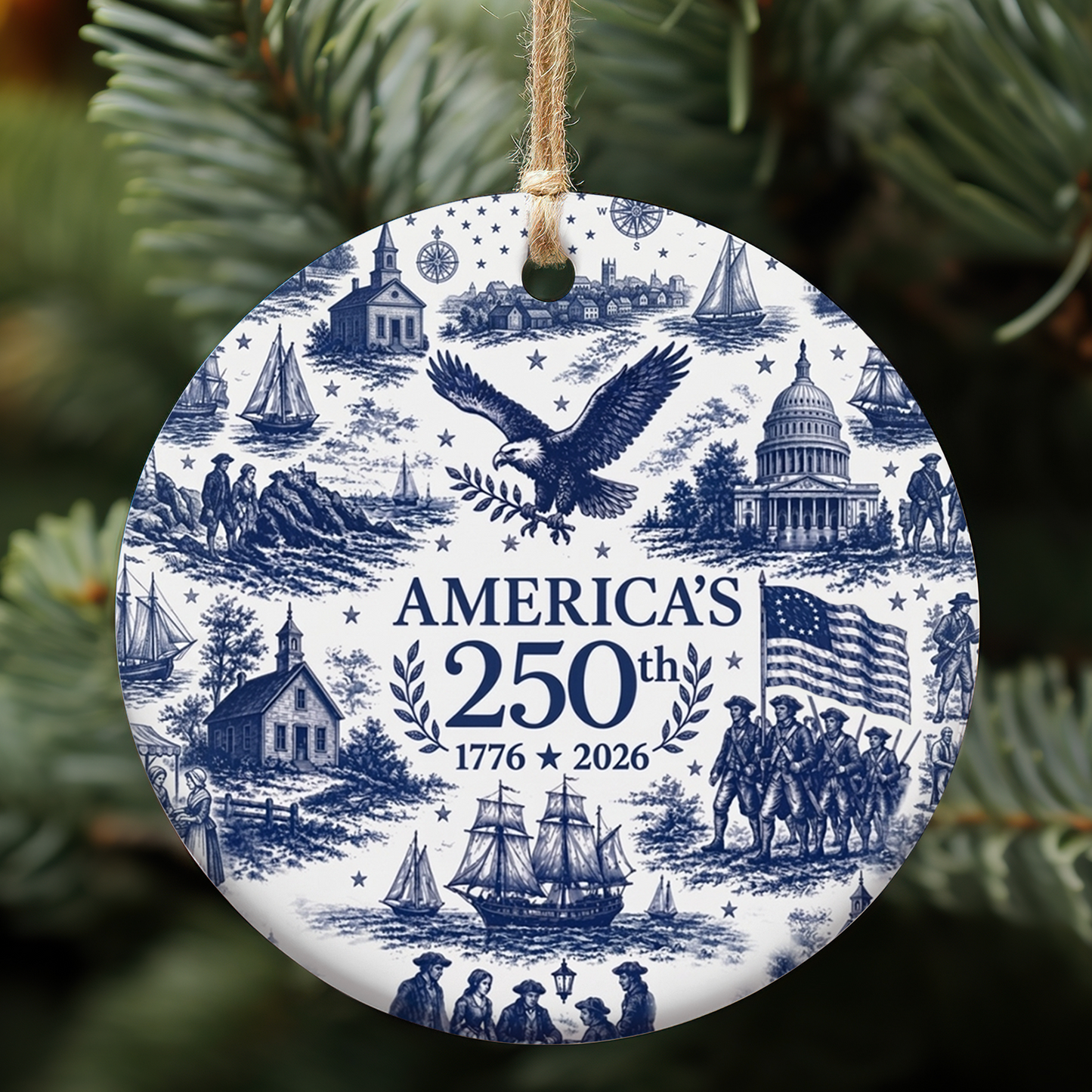 America 250th Anniversary Ceramic Ornament | 1776-2026 Blue Toile Christmas Ornament | USA Heritage Gift 685753