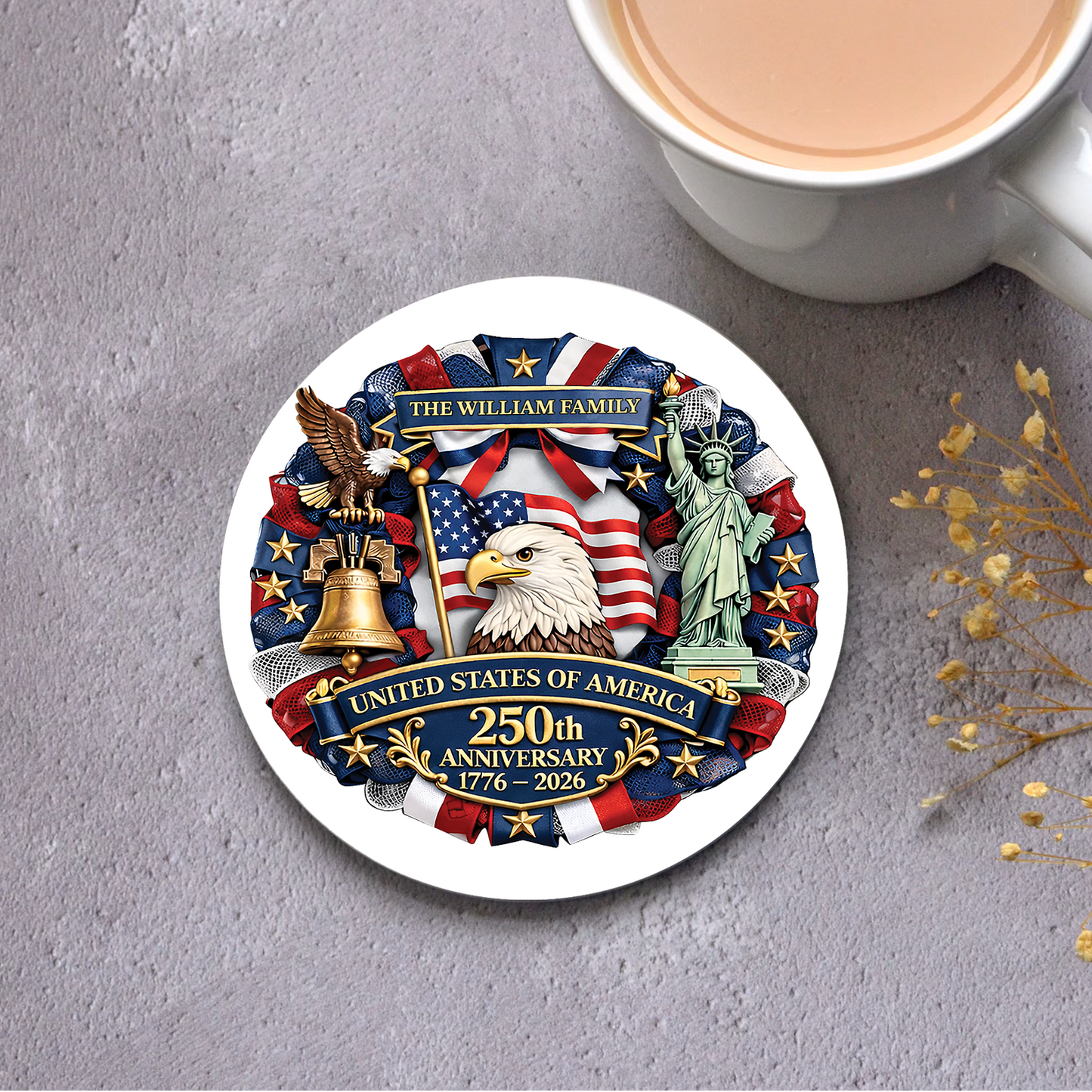 Personalized America 250 Years Anniversary Ceramic Coaster | Patriotic Decor 684477