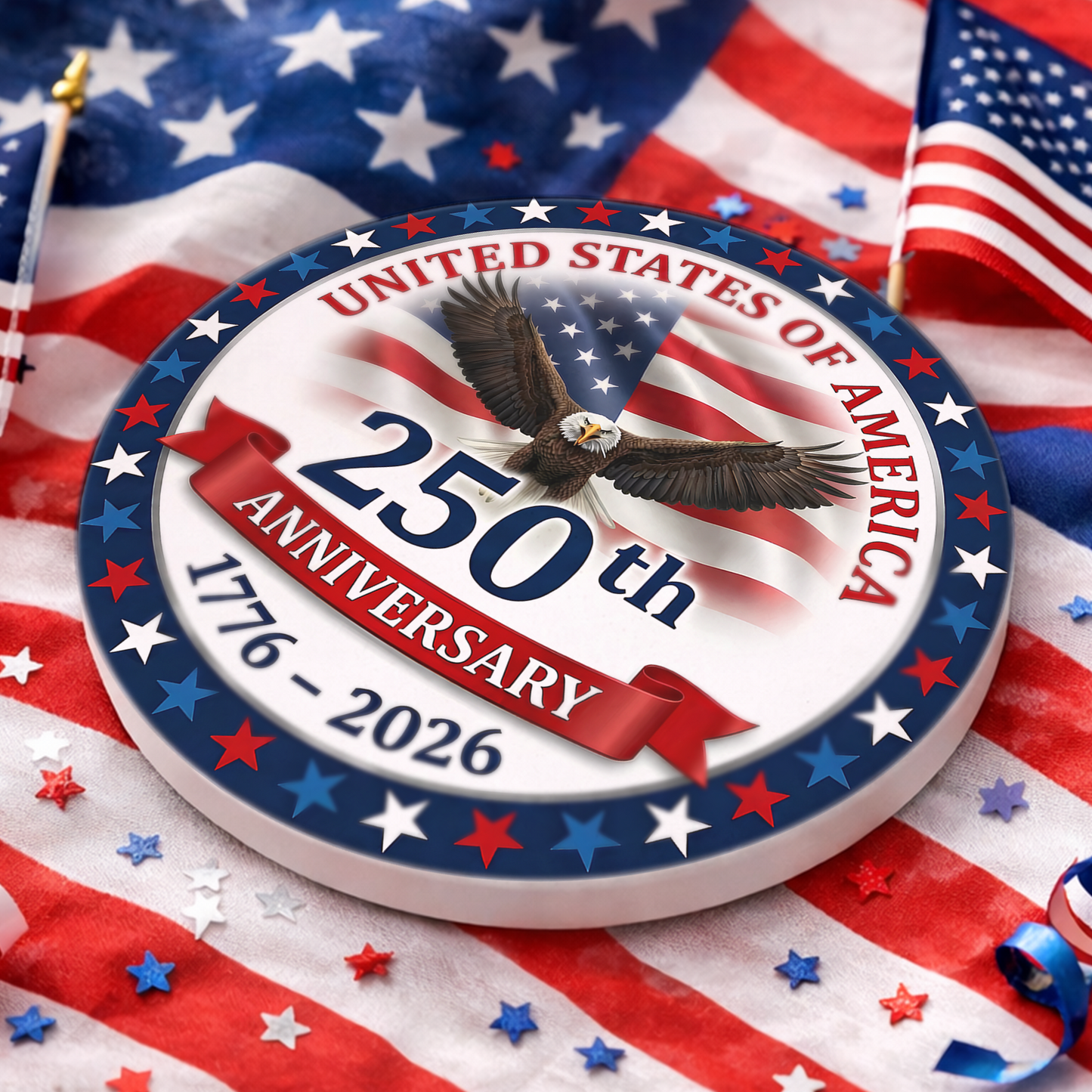 250 Years USA Anniversary Ceramic Coaster | Patriotic Eagle Coaster 684636