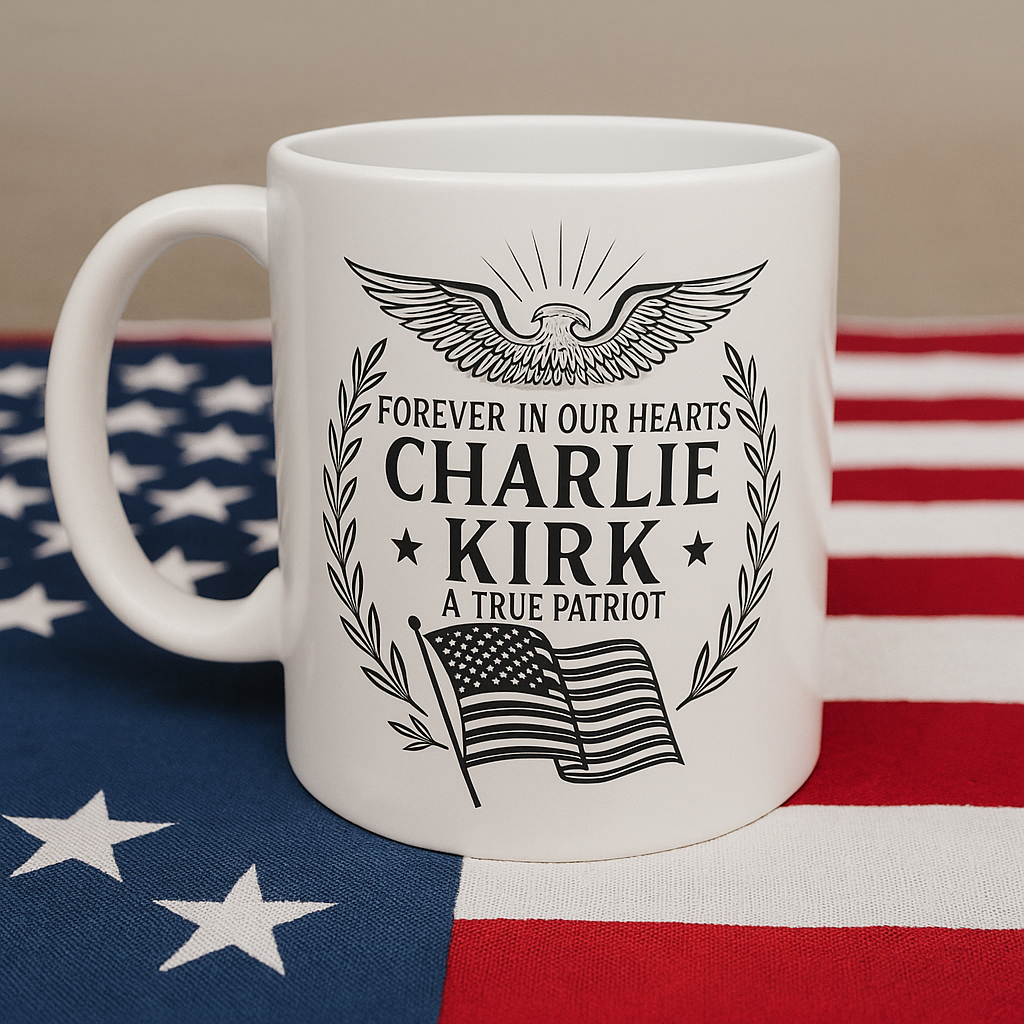 Charlie Kirk Tribute | Patriotic Memorial Mug | Forever in Our Hearts Coffee Cup | Eagle & Flag Engraved Tribute Mug 682928
