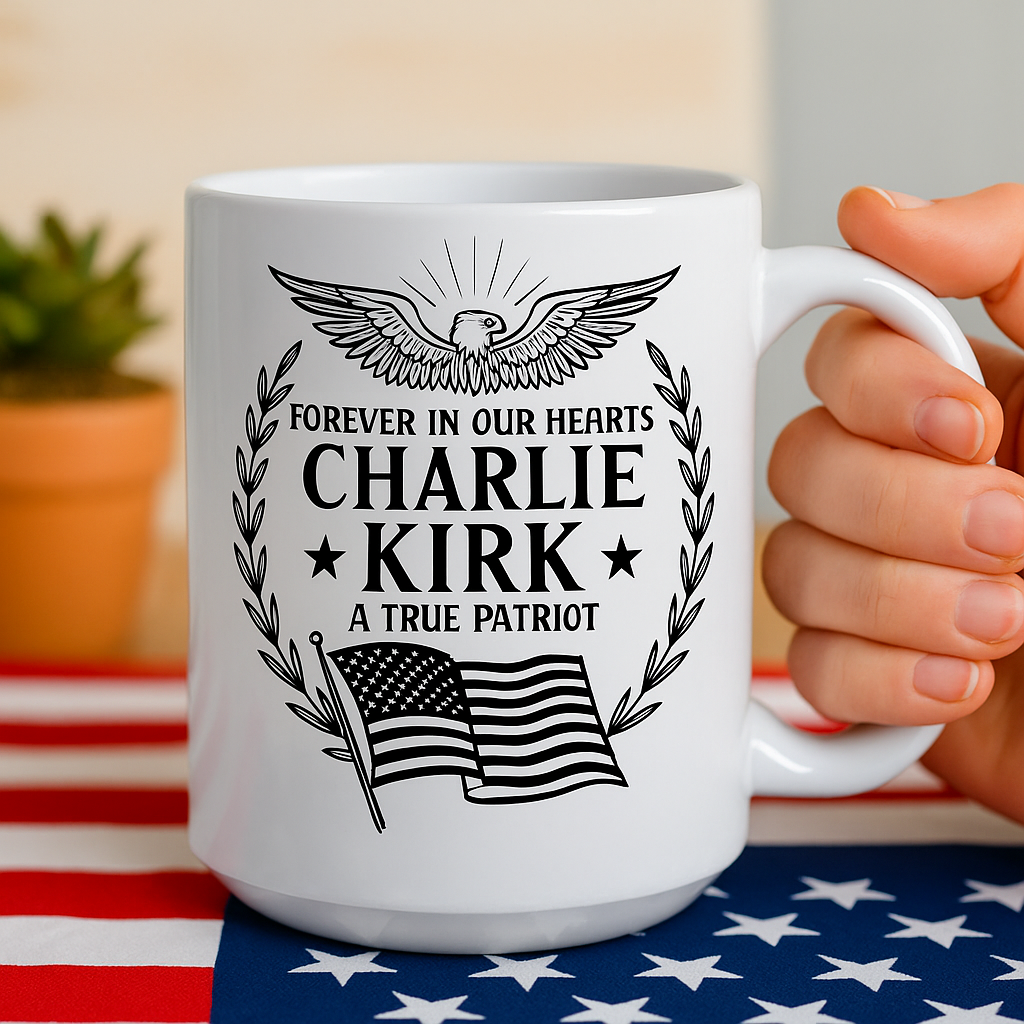 Charlie Kirk Tribute | Patriotic Memorial Mug | Forever in Our Hearts Coffee Cup | Eagle & Flag Engraved Tribute Mug 682928