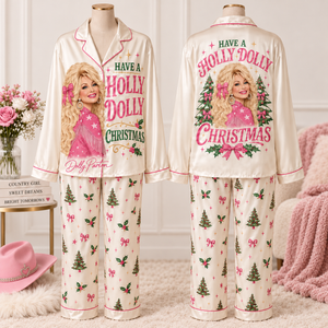 Have A Holly Dolly Christmas Pajama Set, Dolly Parton Satin PJs, Pink Country Music Christmas Pajamas 686231