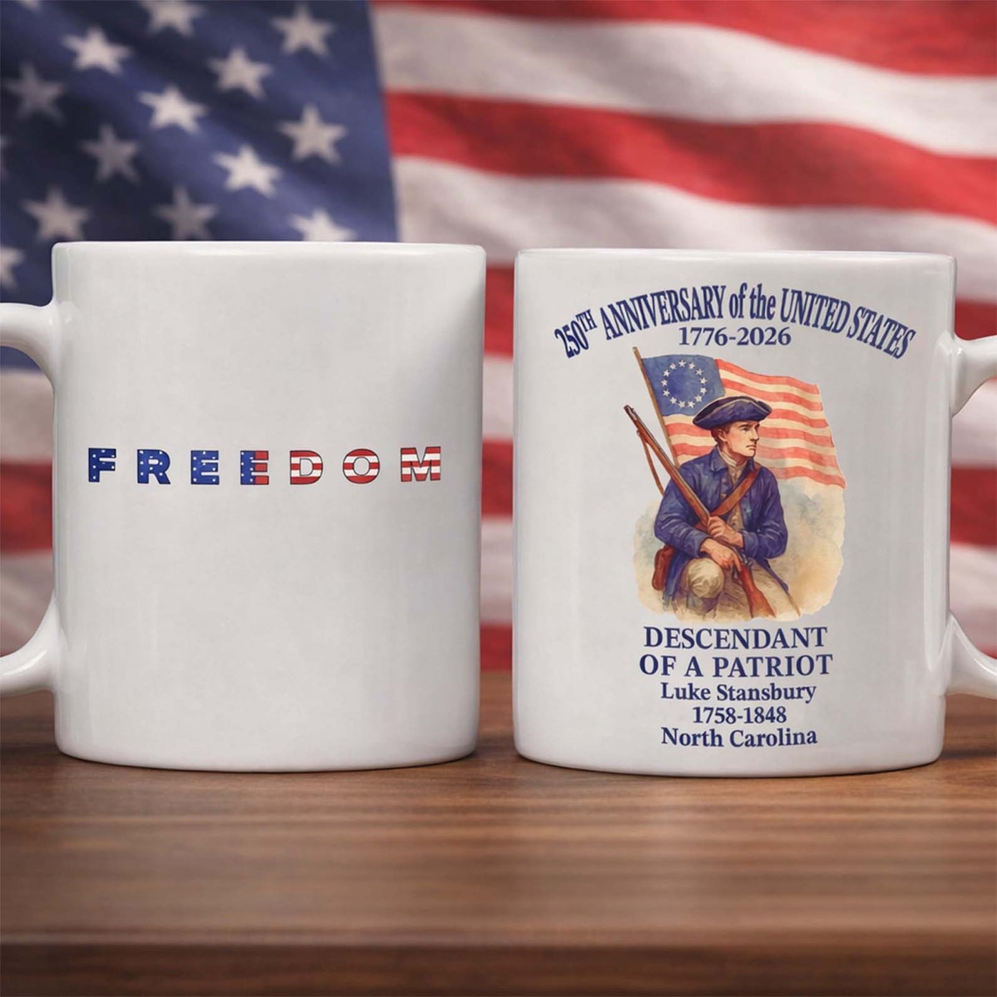 Personalized 250 Years of America Mug, Custom Name Descendant of a Patriot, Freedom 1776–2026 Ceramic Mug 684451