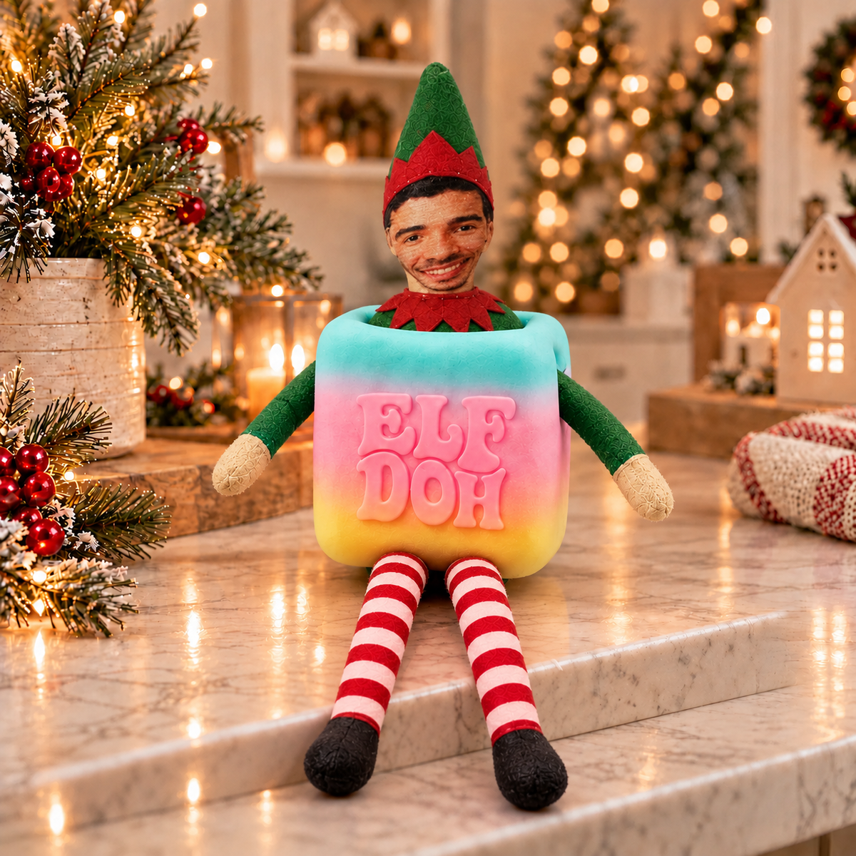 Personalized Photo Face Poseable Christmas Elf Doll, Custom Mini Plush Elf with Optional Cube Toy 686693 WFD