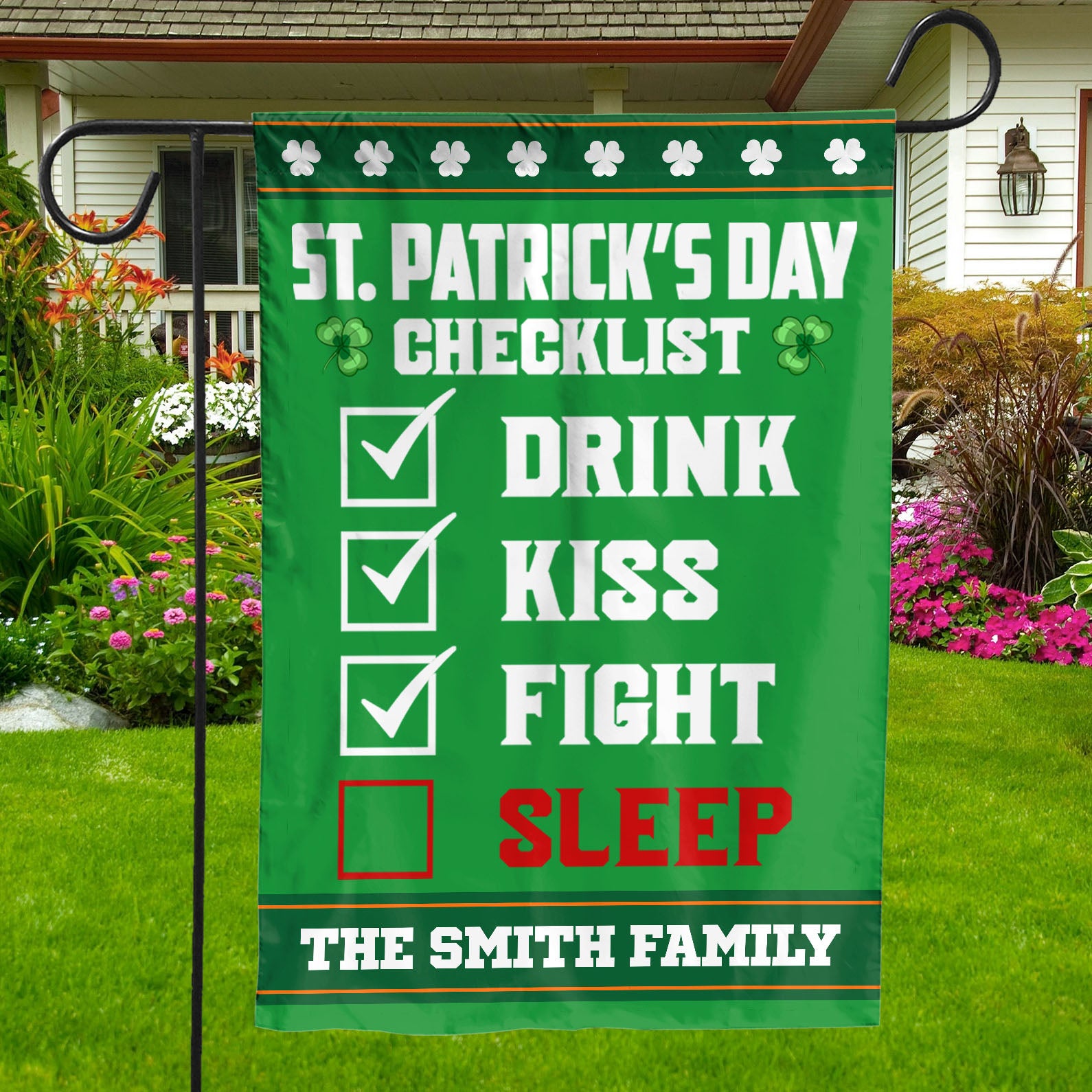 St. Patrick's Day Checklist Garden Flag, Personalized Flag, Custom Family Name St. Patrick's Day Flag 681904