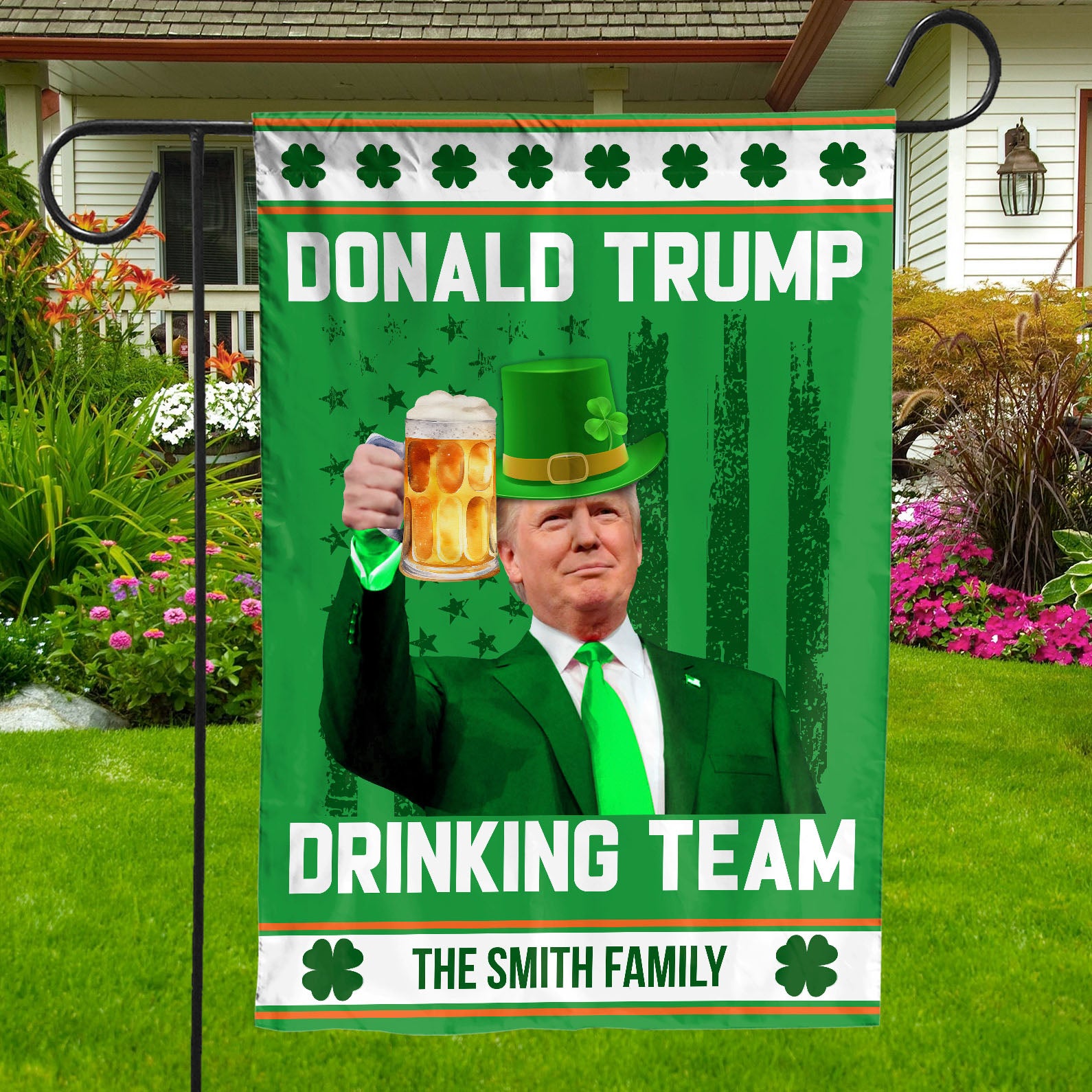 Donald Trump Drinking Team Garden Flag, Personalized Flag, Custom Family Name St. Patrick's Day Flag 681875 - GOP