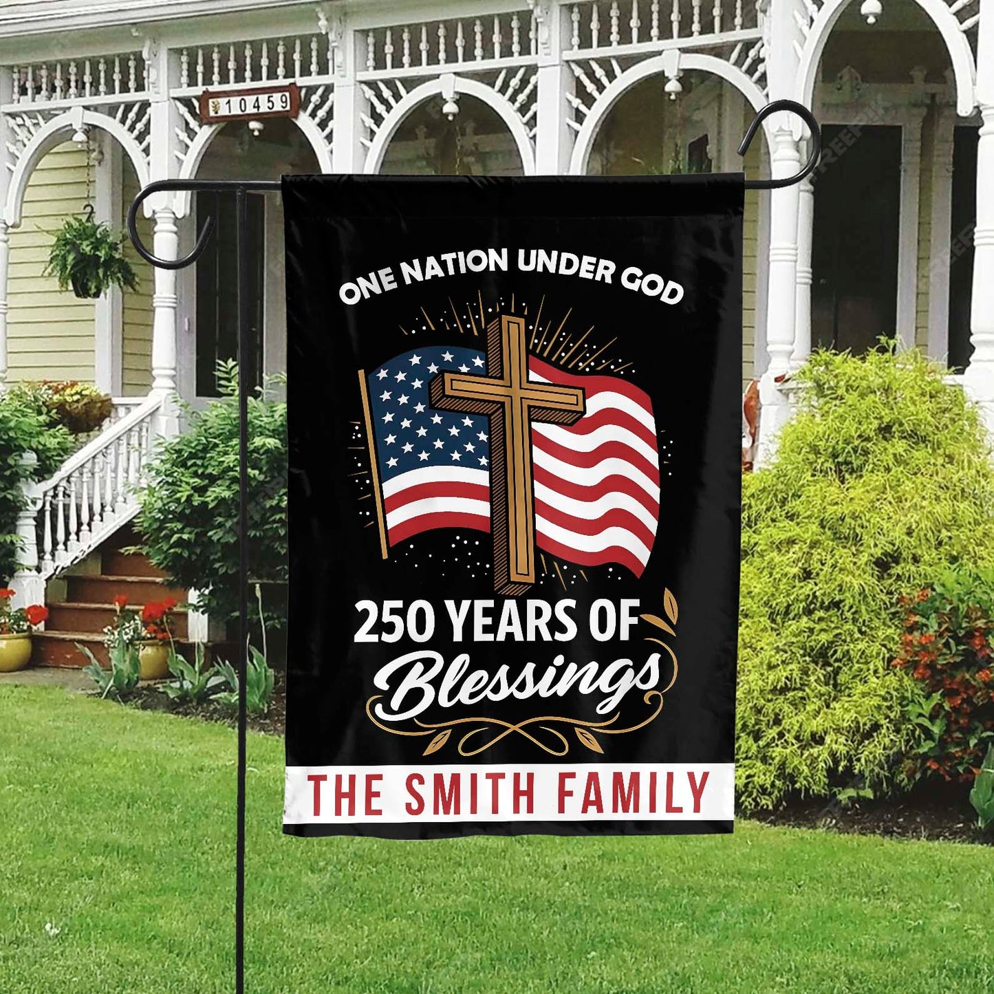 Personalized One Nation Under God, Custom Name 250 Years Anniversary of Blessings Garden Flag 684100