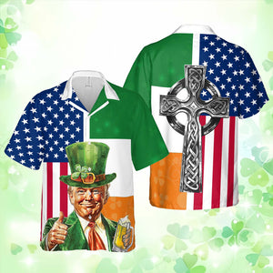 Trump America Irish Flag Hawaiian Shirt| St. Patrick's Day 3D Shirt | Trump Hawaiian Shirt 681933- GOP