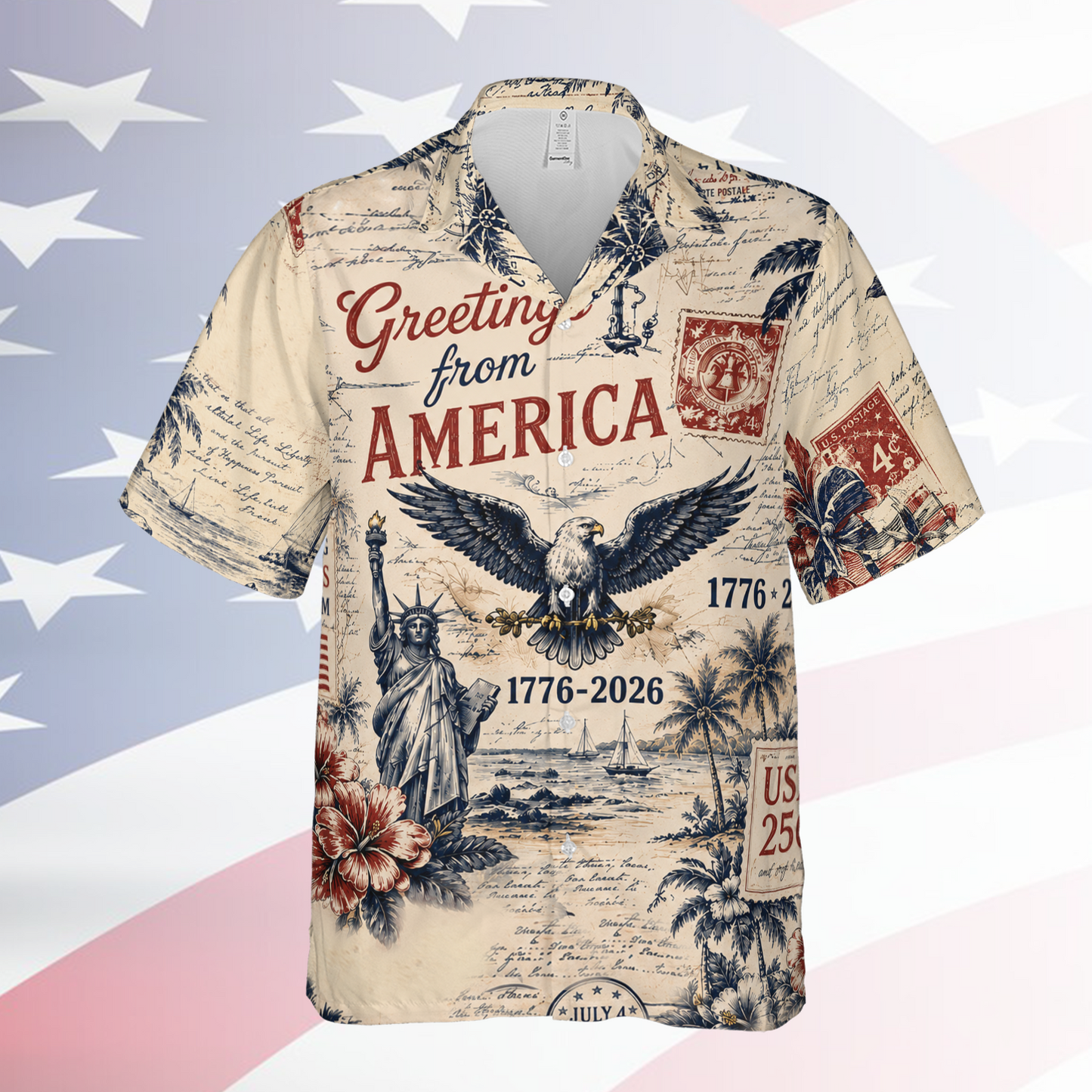 Vintage Greetings From America Hawaiian Shirt, USA 250th Anniversary AOP Hawaii Shirt 685263