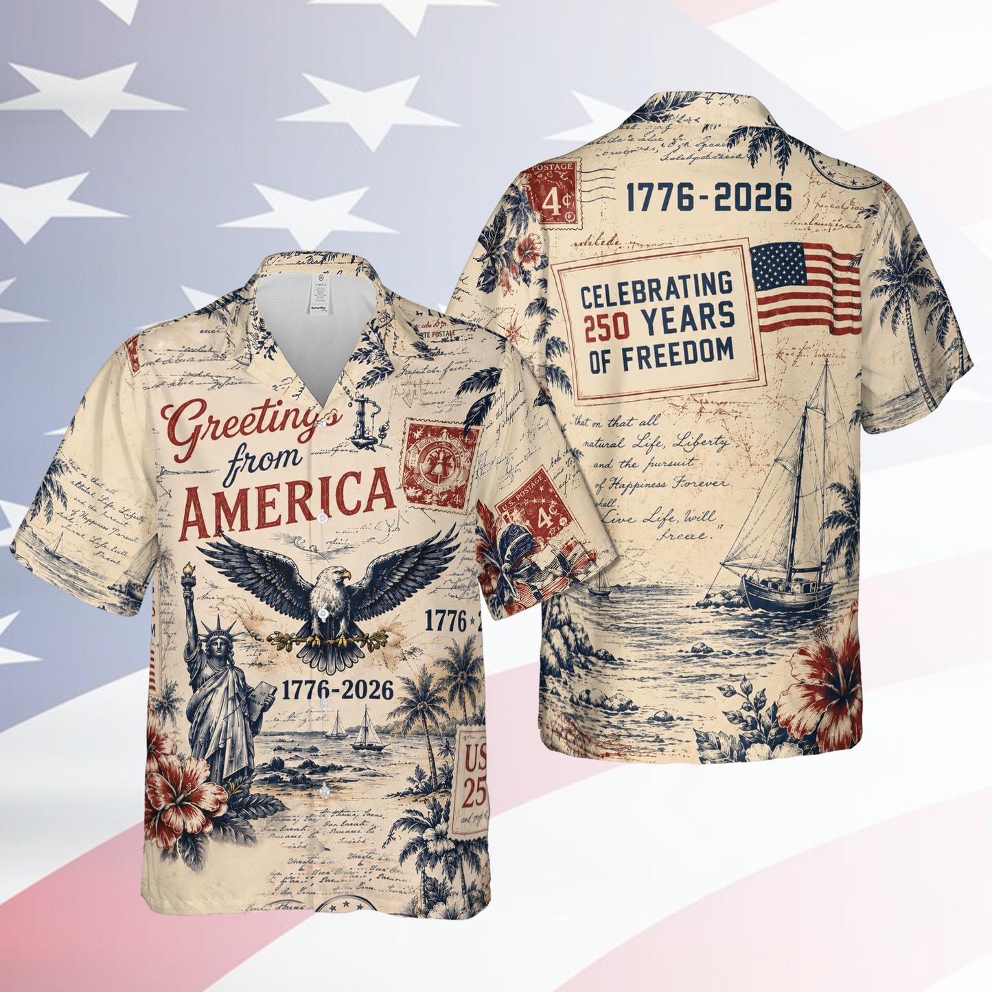 Vintage Greetings From America Hawaiian Shirt, USA 250th Anniversary AOP Hawaii Shirt 685263