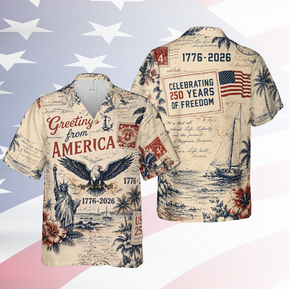 Vintage Greetings From America Hawaiian Shirt, USA 250th Anniversary AOP Hawaii Shirt 685263