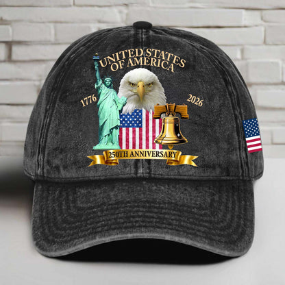 USA 250 Years 1776–2026 Printed Vintage Washed Denim Baseball Cap | Patriotic US Flag Eagle Liberty Hat 684239