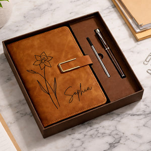 Personalized Engraved Birth Flower Leather Journal, Custom Name Notebook Set, Graduation Gifts for Her 684743