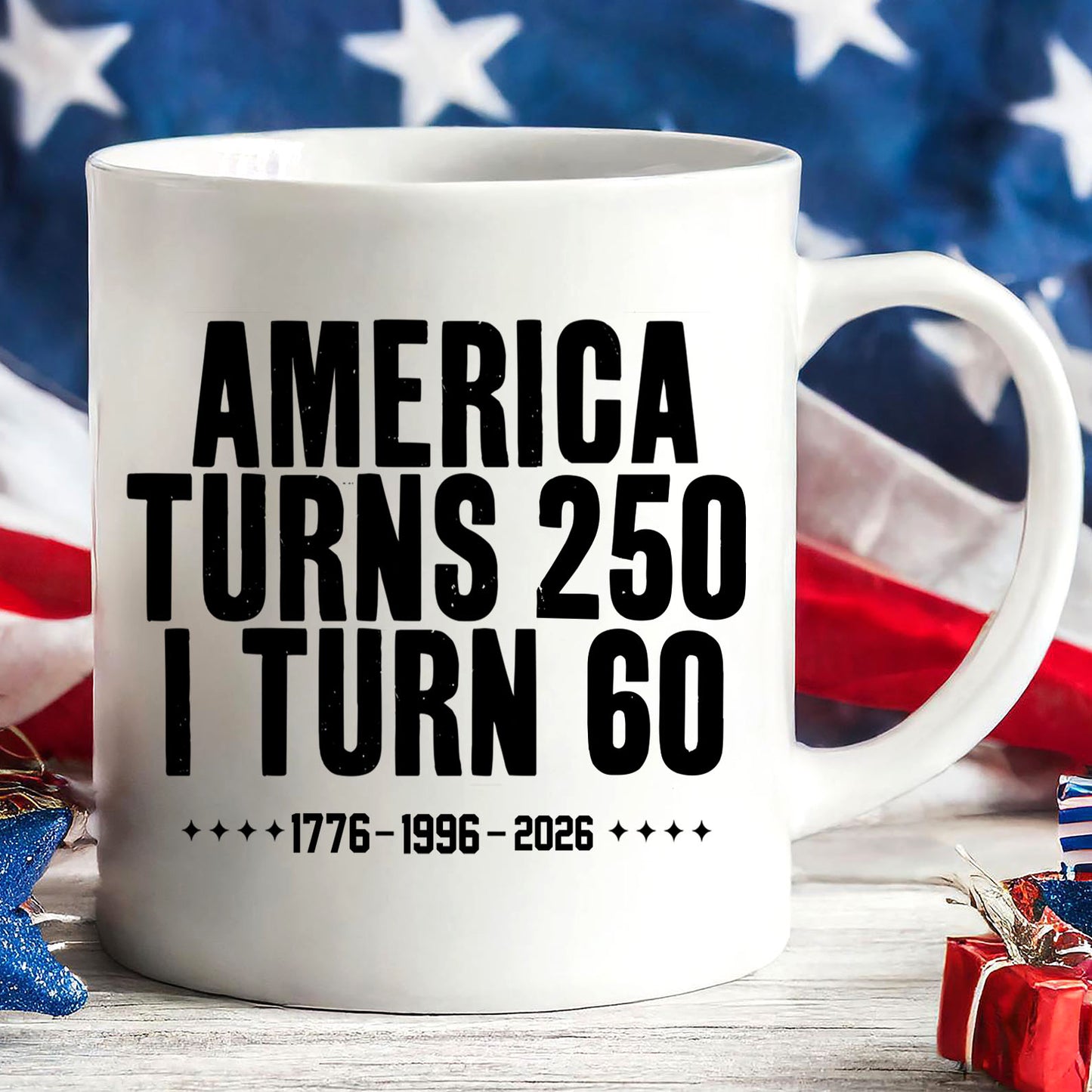 Vintage 250 Years Mug, Personalized Age Birthday Mug, America Turns 250 White Mug Accent Mug 685151