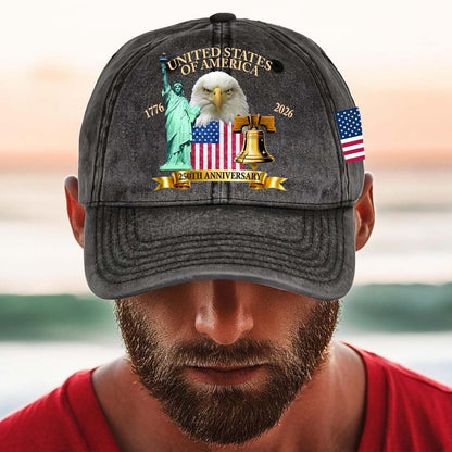 USA 250 Years 1776–2026 Printed Vintage Washed Denim Baseball Cap | Patriotic US Flag Eagle Liberty Hat 684239