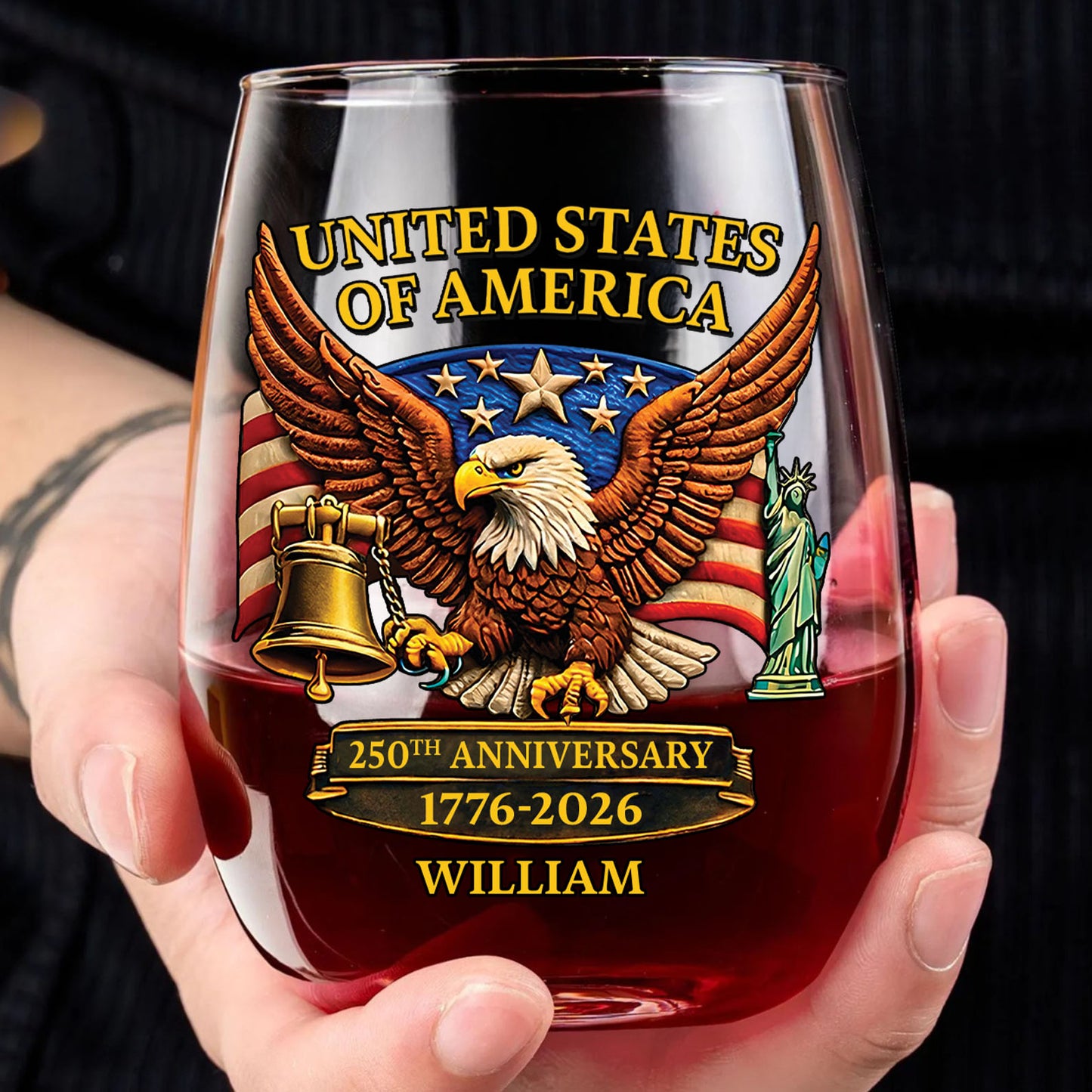 Custom Name USA 250 Years Anniversary Wine Glass | Patriotic Eagle Bell 1776–2026 Wine Glass 684263