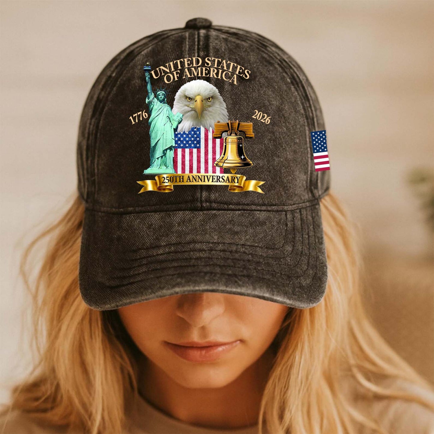 USA 250 Years 1776–2026 Printed Vintage Washed Denim Baseball Cap | Patriotic US Flag Eagle Liberty Hat 684239