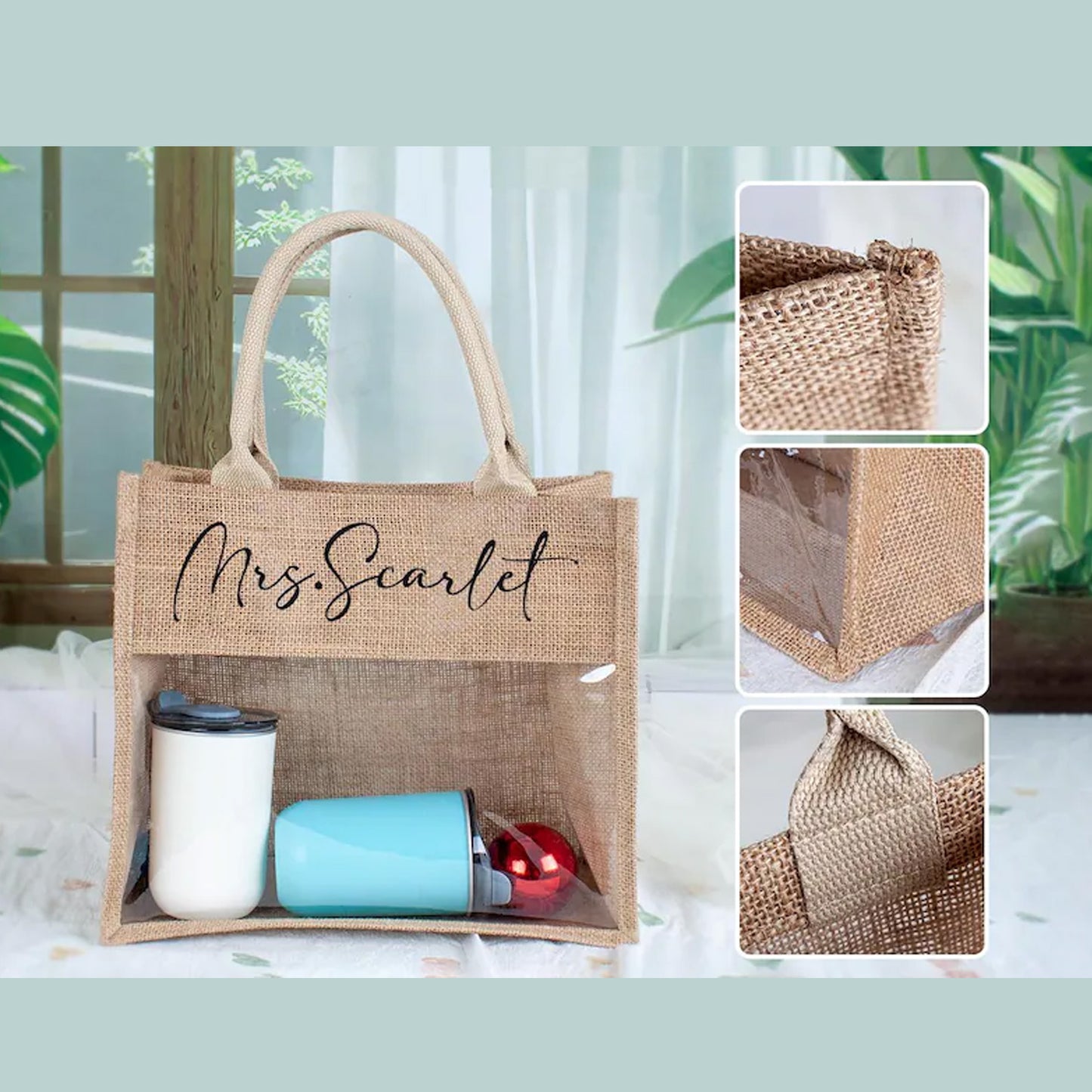 Personalized Teacher Tote Bag with Clear Window, Custom Name Burlap Tote, Teacher Appreciation Gift 684778