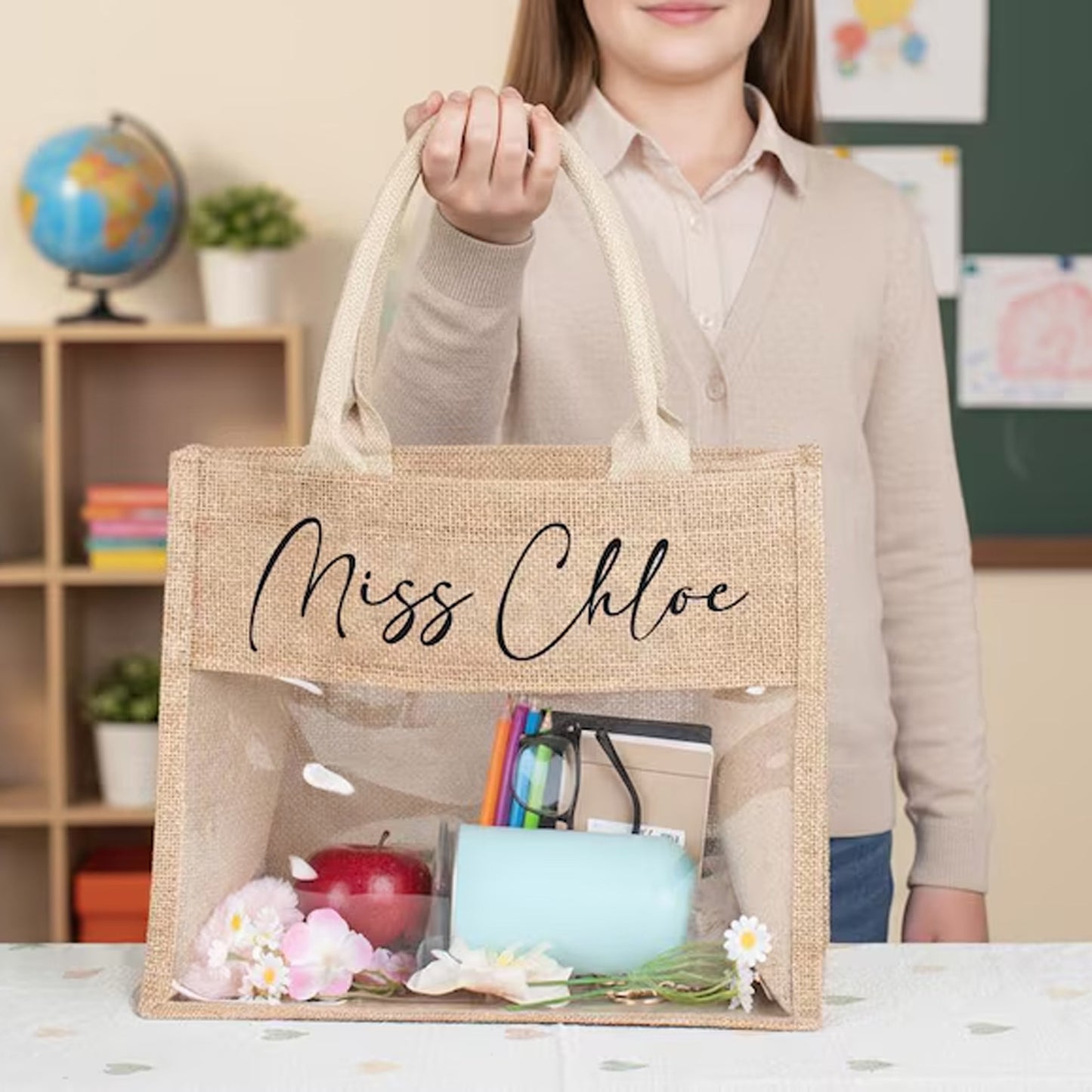 Personalized Teacher Tote Bag with Clear Window, Custom Name Burlap Tote, Teacher Appreciation Gift 684778