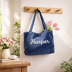 Custom Chenille Name Tote Bag, Personalized Corduroy Tote with Zipper, Bridesmaid Gift, Travel Bag 684739