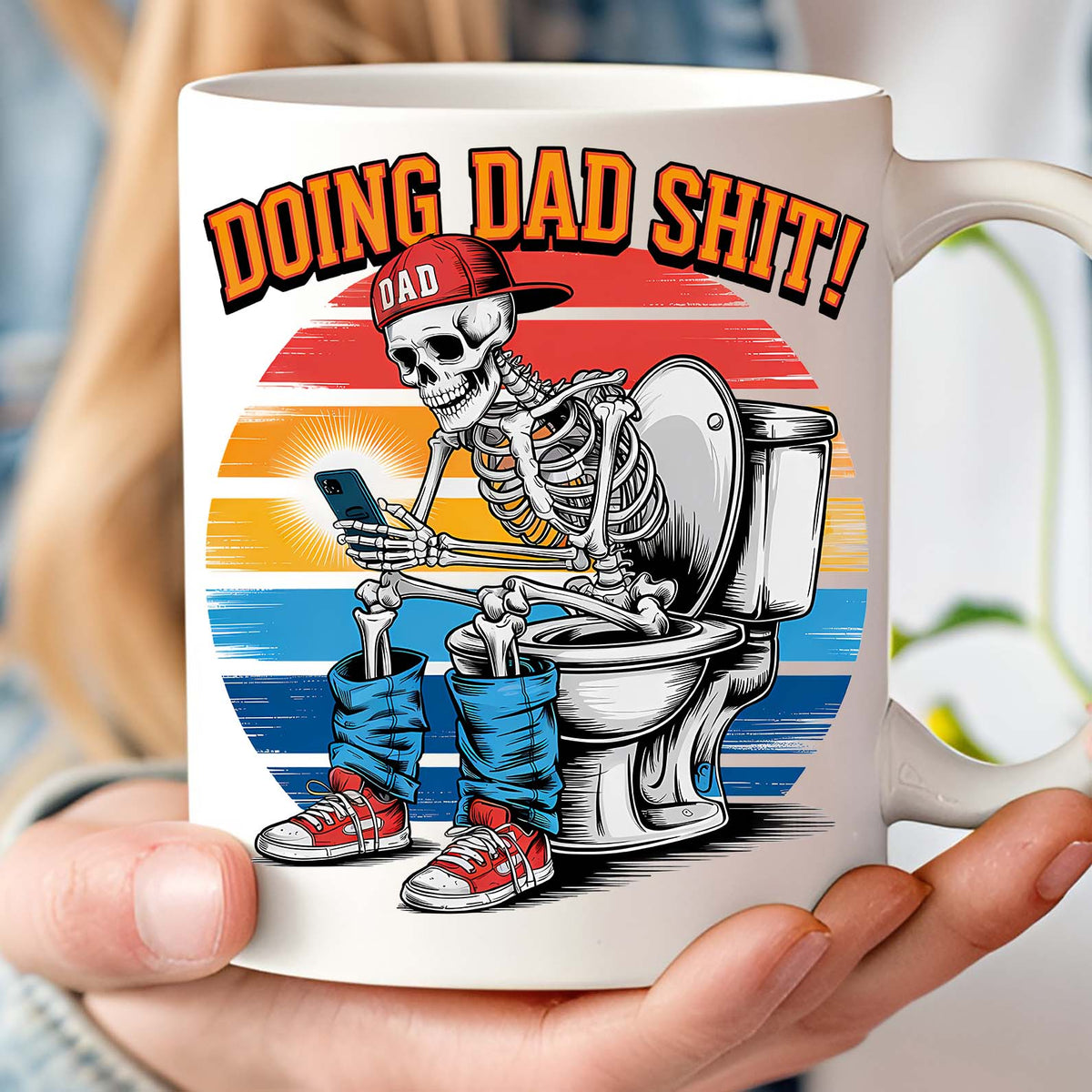 Doing Dad Shit Mug | Funny Skeleton Toilet Coffee Cup for Dad | Retro Father's Day Gift for Men, Husband, or New Dad 682261