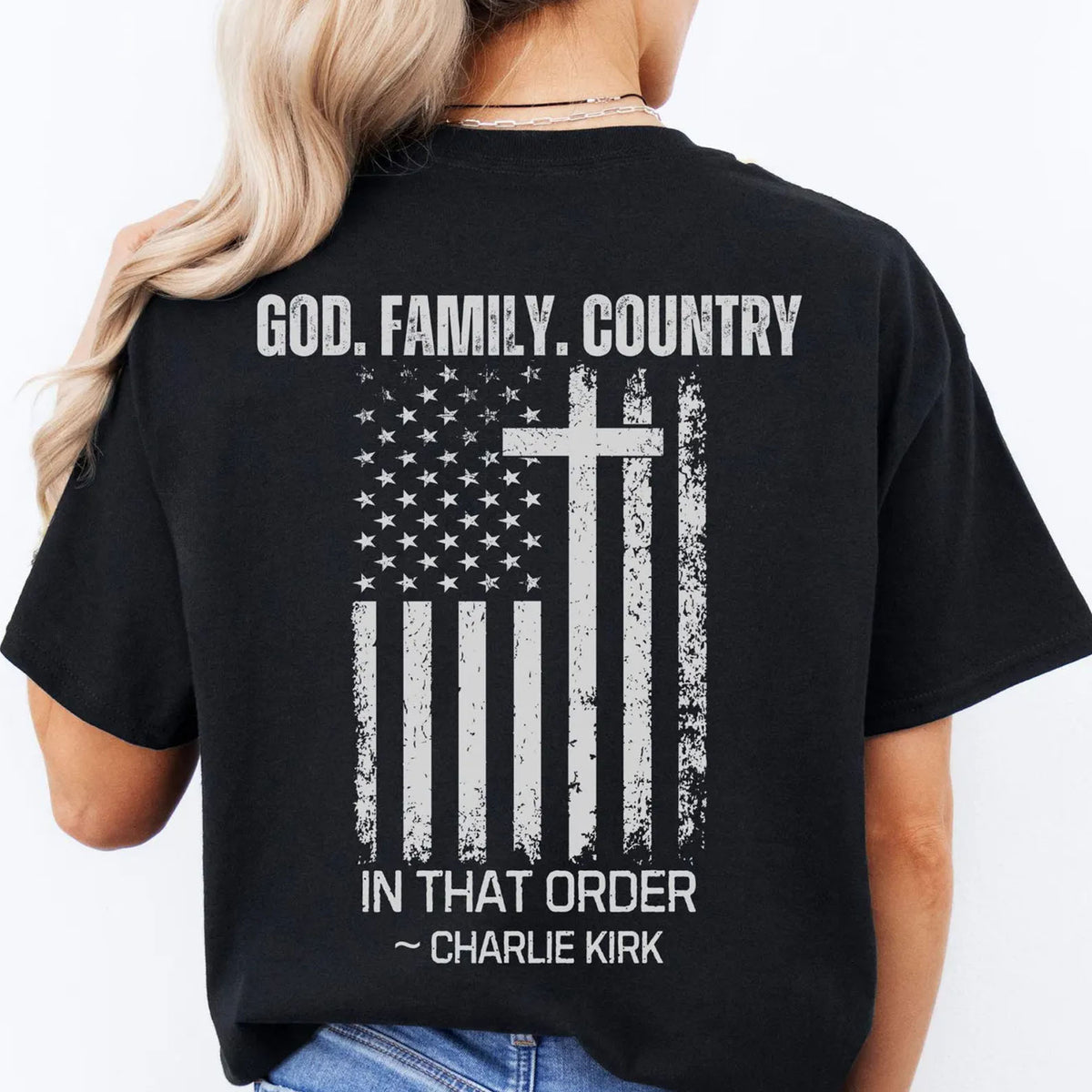 God Family Country Charlie Kirk Shirt | Justice Charlie Kirk Memorial Backside Shirt 683003