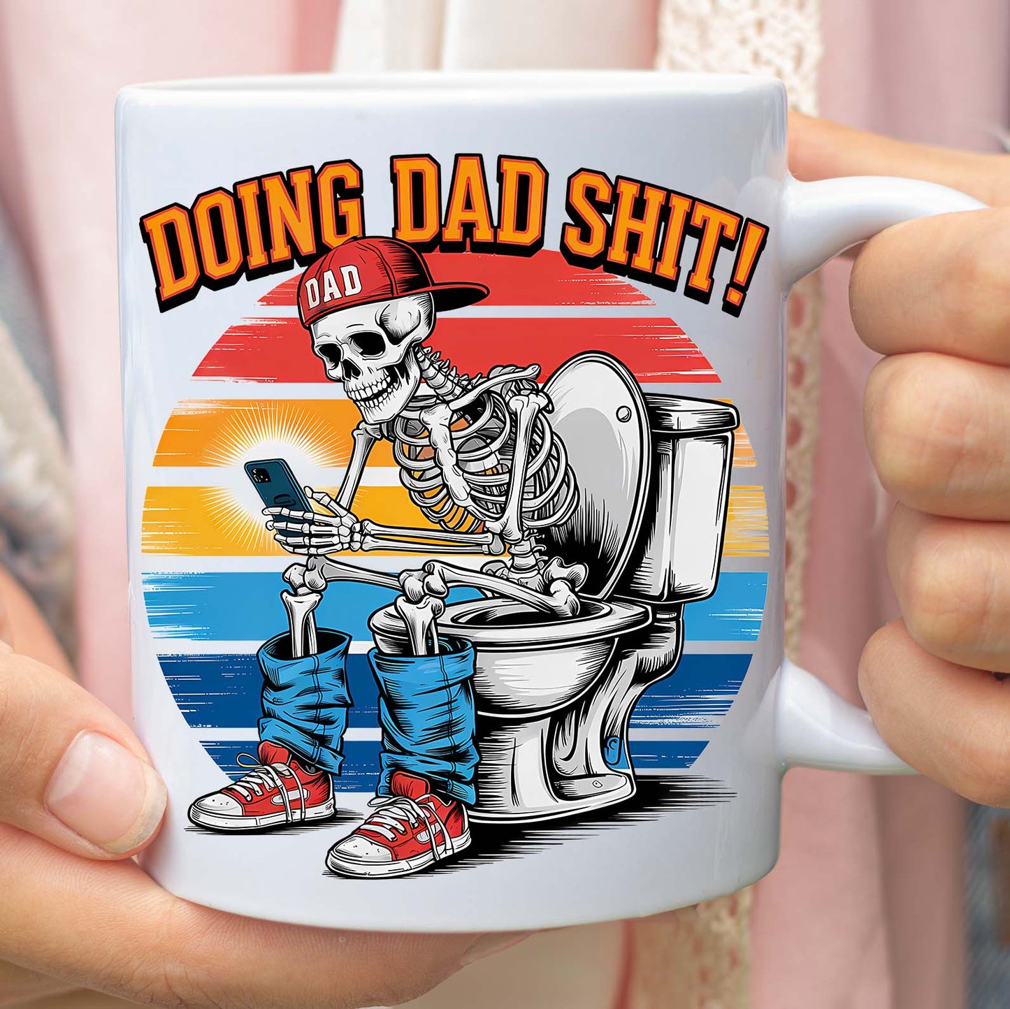 Doing Dad Shit Mug | Funny Skeleton Toilet Coffee Cup for Dad | Retro Father's Day Gift for Men, Husband, or New Dad 682261