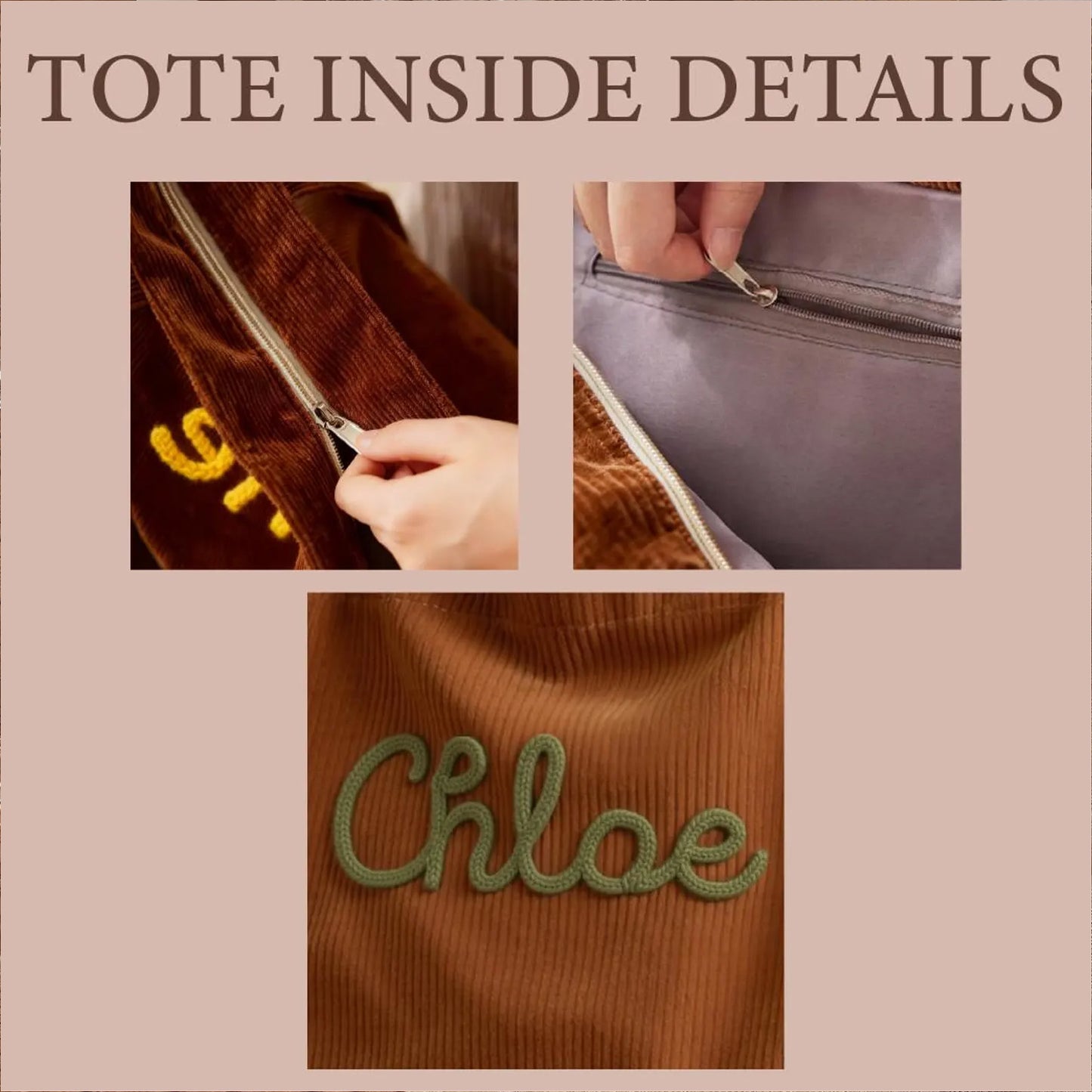 Custom Chenille Name Tote Bag, Personalized Corduroy Tote with Zipper, Bridesmaid Gift, Travel Bag 684739