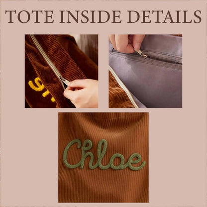 Custom Chenille Name Tote Bag, Personalized Corduroy Tote with Zipper, Bridesmaid Gift, Travel Bag 684739