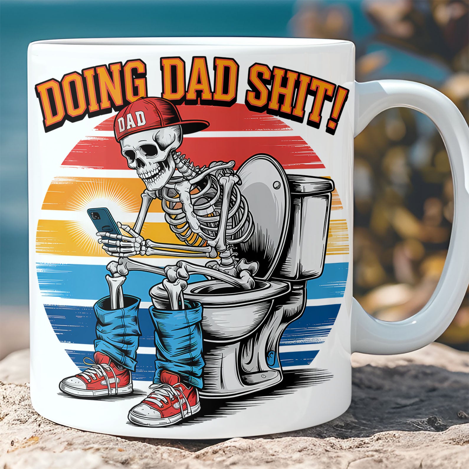 Doing Dad Shit Mug | Funny Skeleton Toilet Coffee Cup for Dad | Retro Father's Day Gift for Men, Husband, or New Dad 682261