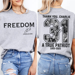 Thank you Charlie 31 A True Patriot Shirt | Rest In Peace Charlie Kirk Hoodie | Justice Charlie Kirk Memorial Front & Back Shirt 683017