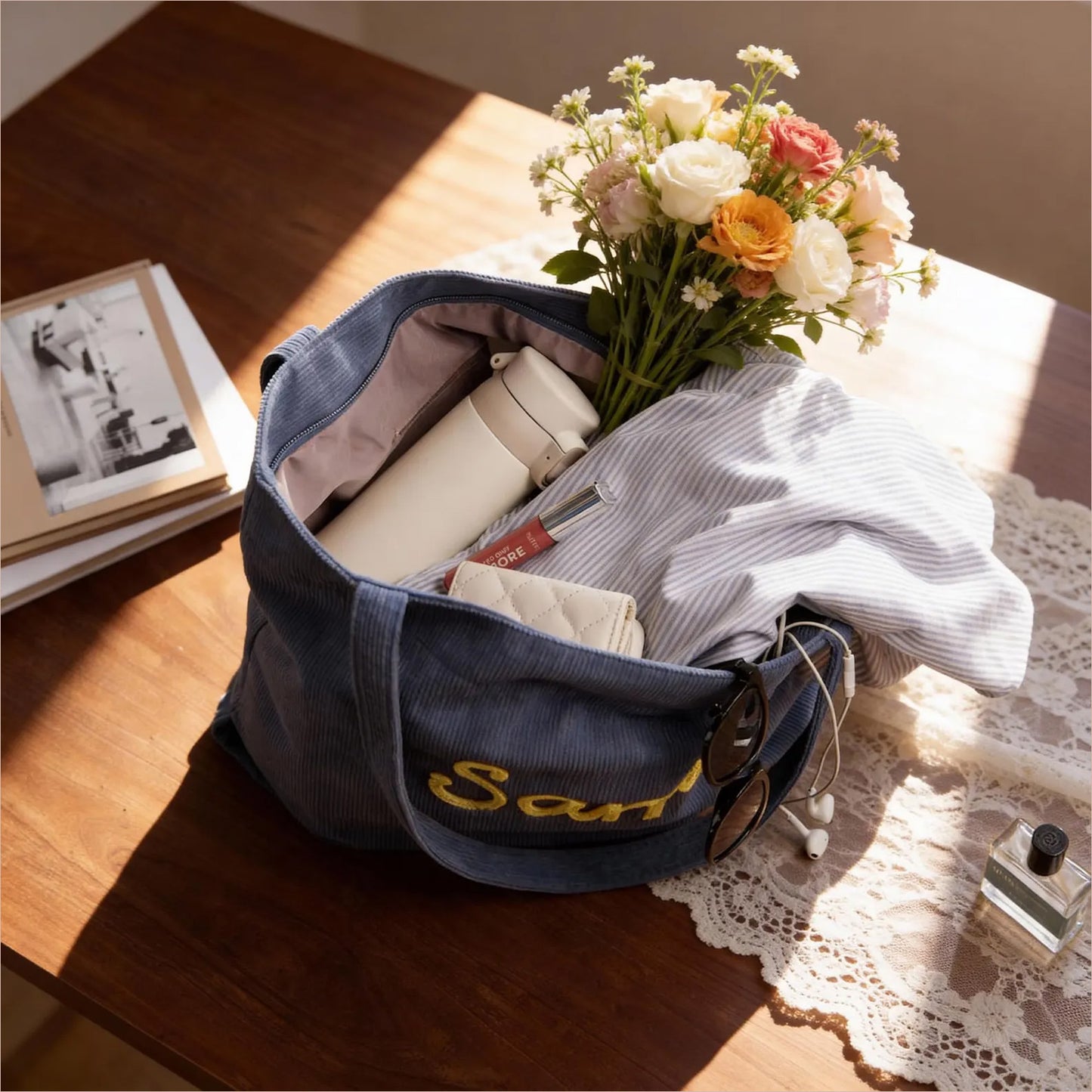 Custom Chenille Name Tote Bag, Personalized Corduroy Tote with Zipper, Bridesmaid Gift, Travel Bag 684739