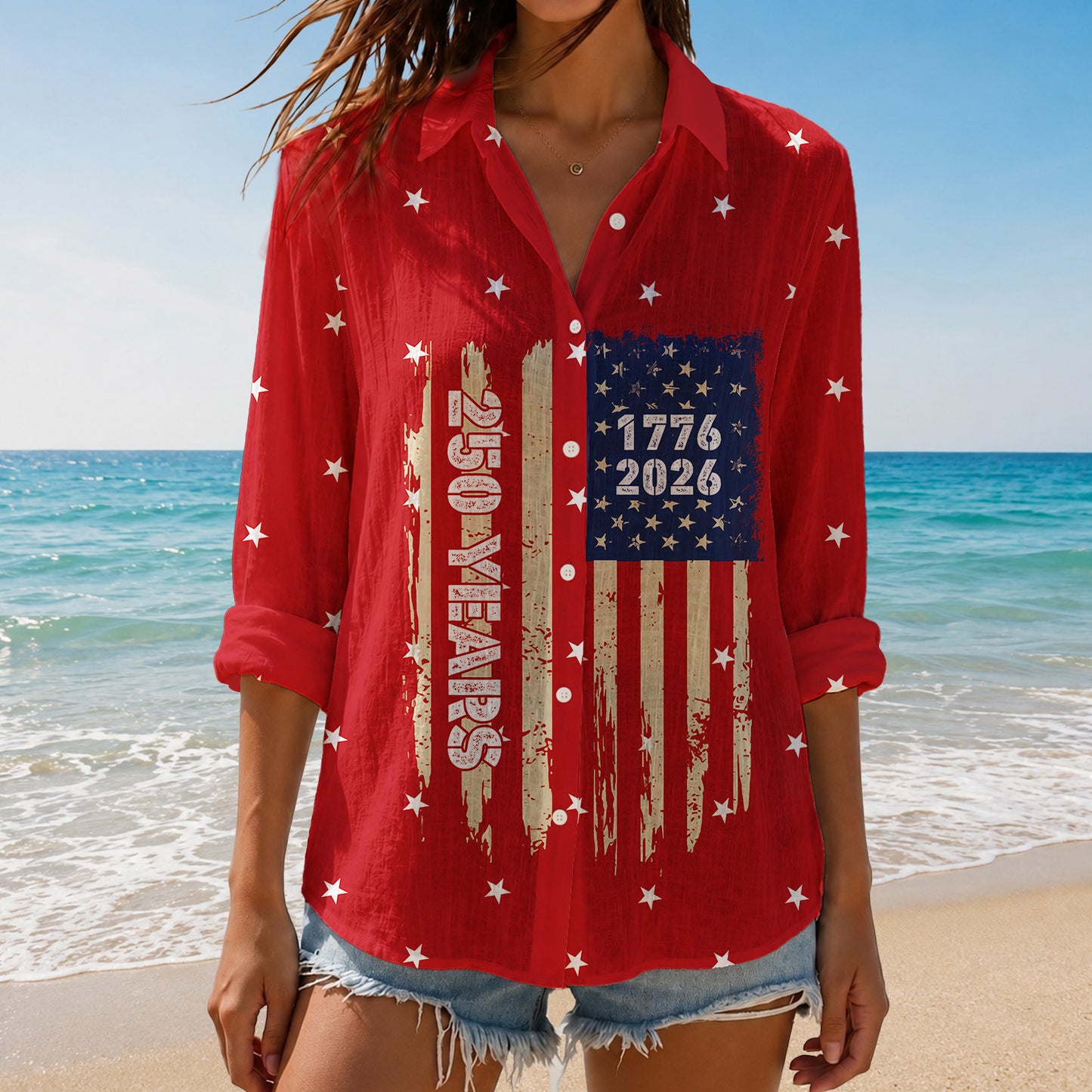 250 Years USA Anniversary Blouse Shirt, Women's Patriotic Flag Top, 1776-2026 Independence Day Shirt 685341