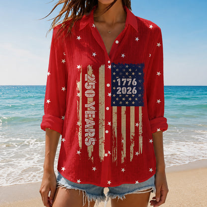 250 Years USA Anniversary Blouse Shirt, Women's Patriotic Flag Top, 1776-2026 Independence Day Shirt 685341