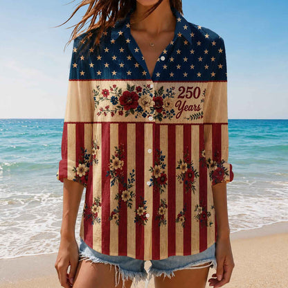 250 Years USA Anniversary Blouse Shirt, Retro Floral 250 Years Top, 1776-2026 Independence Day Shirt 685350