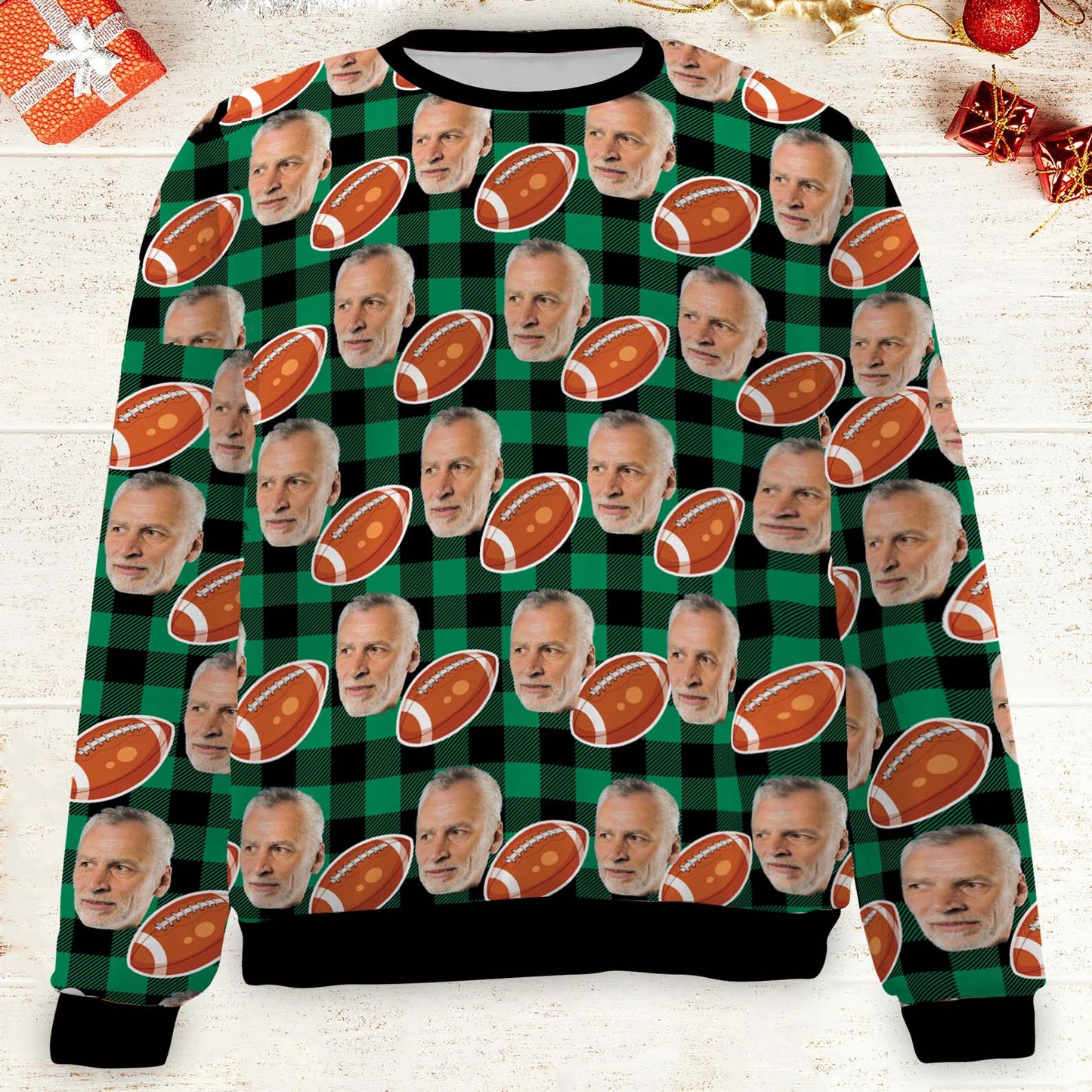 Custom Face Christmas Sweatshirt, Personalized Photo Football Sweater, Christmas All-Over-Printed Sweatshirt 682644