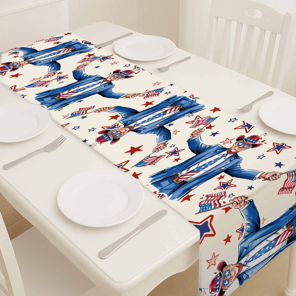 Trump Cowboy Table Runner | Trump Holding Flag 4th Of July | Independence Day Table Runner For Kitchen 682350 - GOP