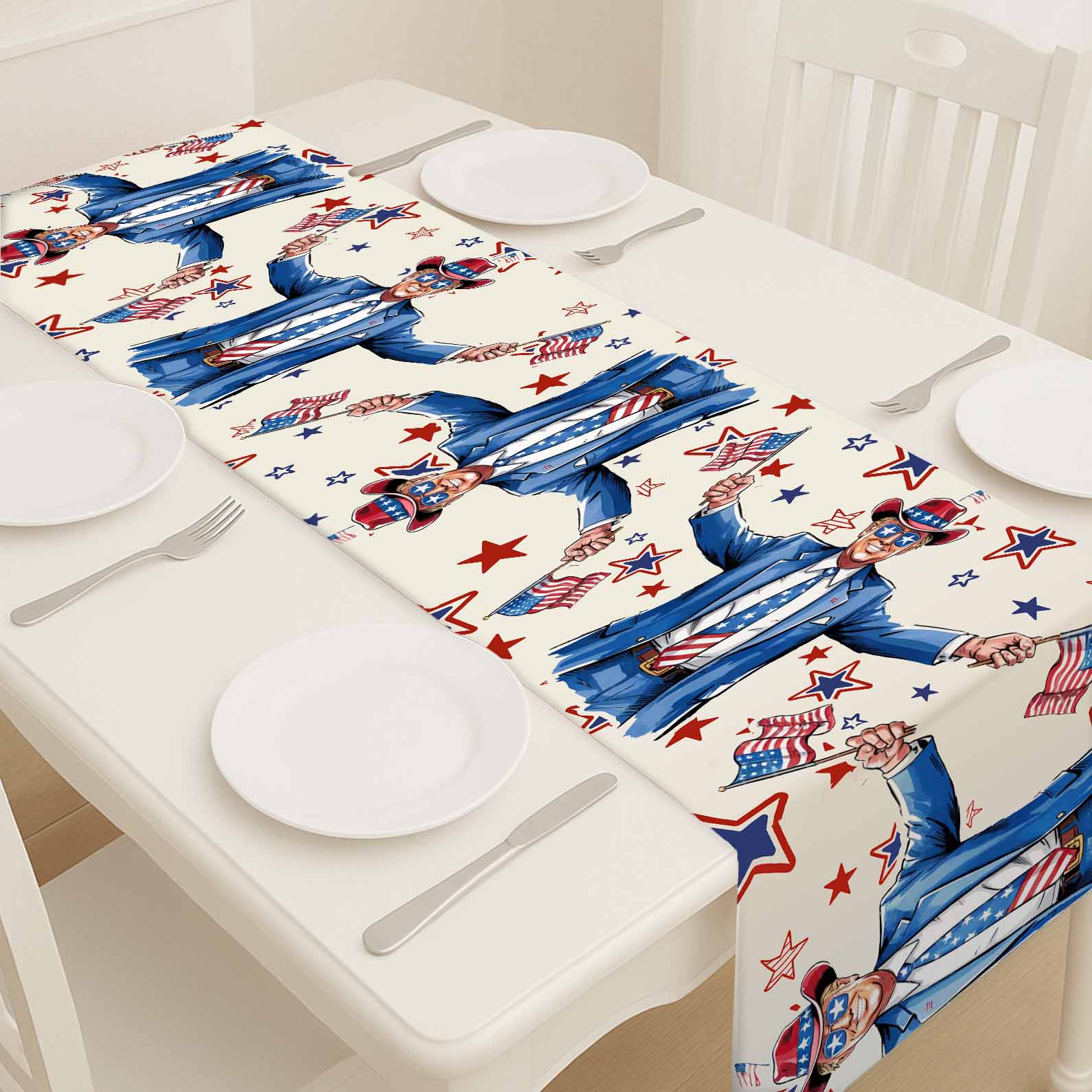 Trump Cowboy Table Runner | Trump Holding Flag 4th Of July | Independence Day Table Runner For Kitchen 682350