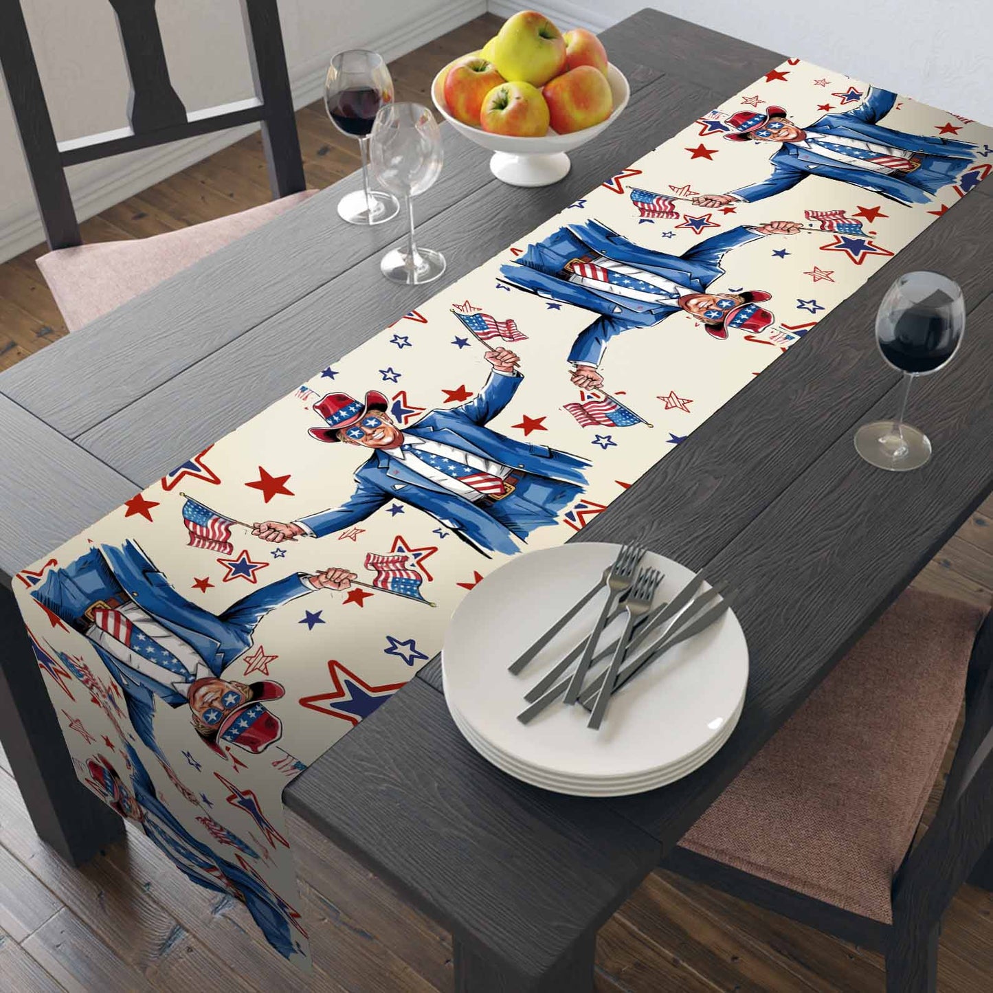 Trump Cowboy Table Runner | Trump Holding Flag 4th Of July | Independence Day Table Runner For Kitchen 682350 - GOP