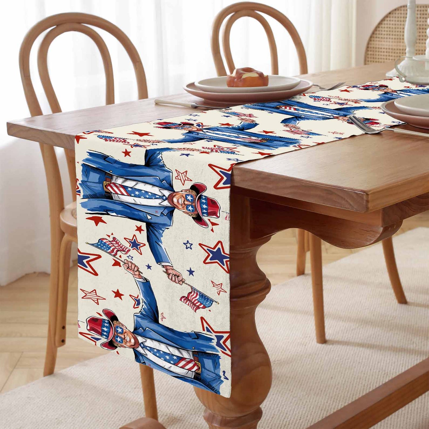 Trump Cowboy Table Runner | Trump Holding Flag 4th Of July | Independence Day Table Runner For Kitchen 682350 - GOP