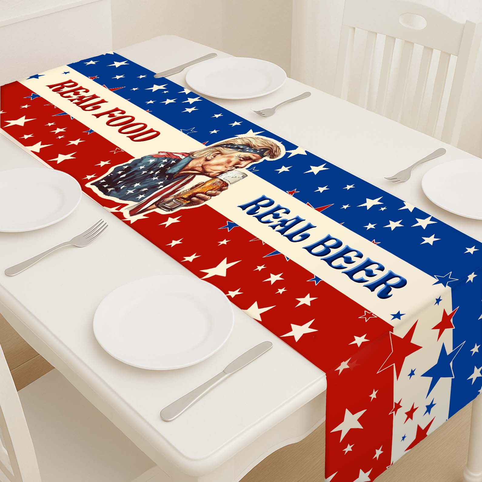 Real Food Real Beer Table Runner | Trump Retro Kissing Beer 4th Of July | Independence Day Table Runner For Kitchen 682330