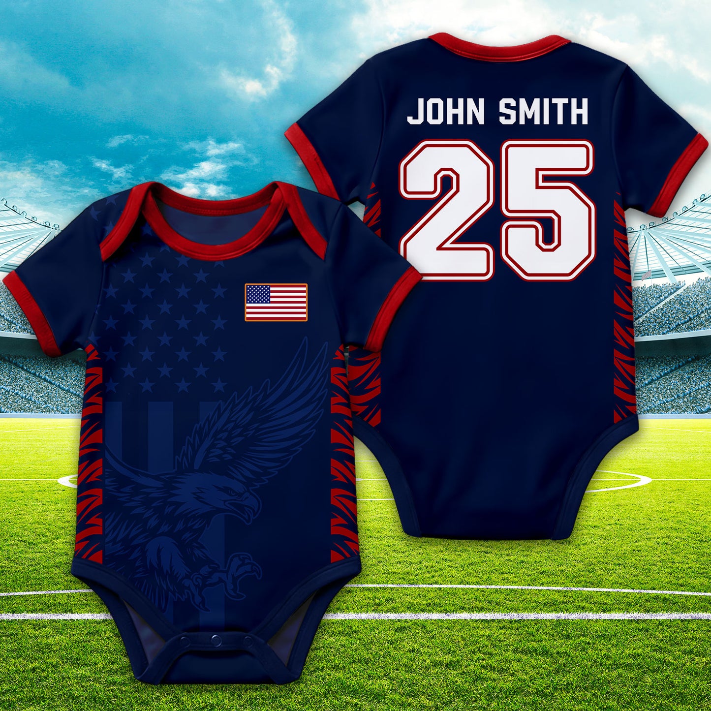Personalized USA Flag Soccer Baby Suit, Custom Name Soccer Uniform Kit, Gift For Newborn 685388