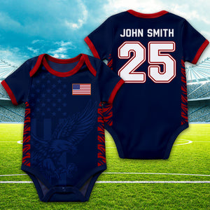Personalized USA Flag Soccer Baby Suit, Custom Name Soccer Uniform Kit, Gift For Newborn 685388