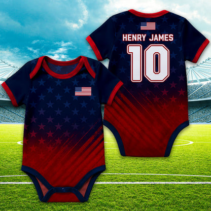 Personalized USA Flag Soccer Baby Suit, Custom Name Soccer Uniform Kit, Gift For Newborn 685388