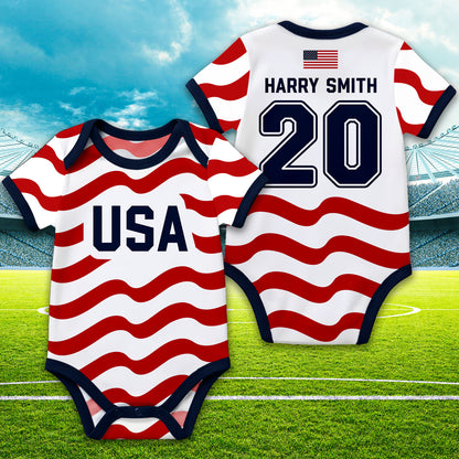 Personalized USA Flag Soccer Baby Suit, Custom Name Soccer Uniform Kit, Gift For Newborn 685388