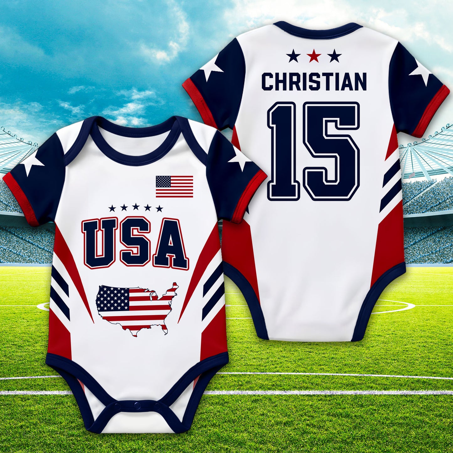Personalized USA Baby Soccer Bodysuit, Custom Name Number Infant Outfit, American Flag Baby Romper, Gift For Newborn 685426