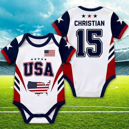 Personalized USA Baby Soccer Bodysuit, Custom Name Number Infant Outfit, American Flag Baby Romper, Gift For Newborn 685426