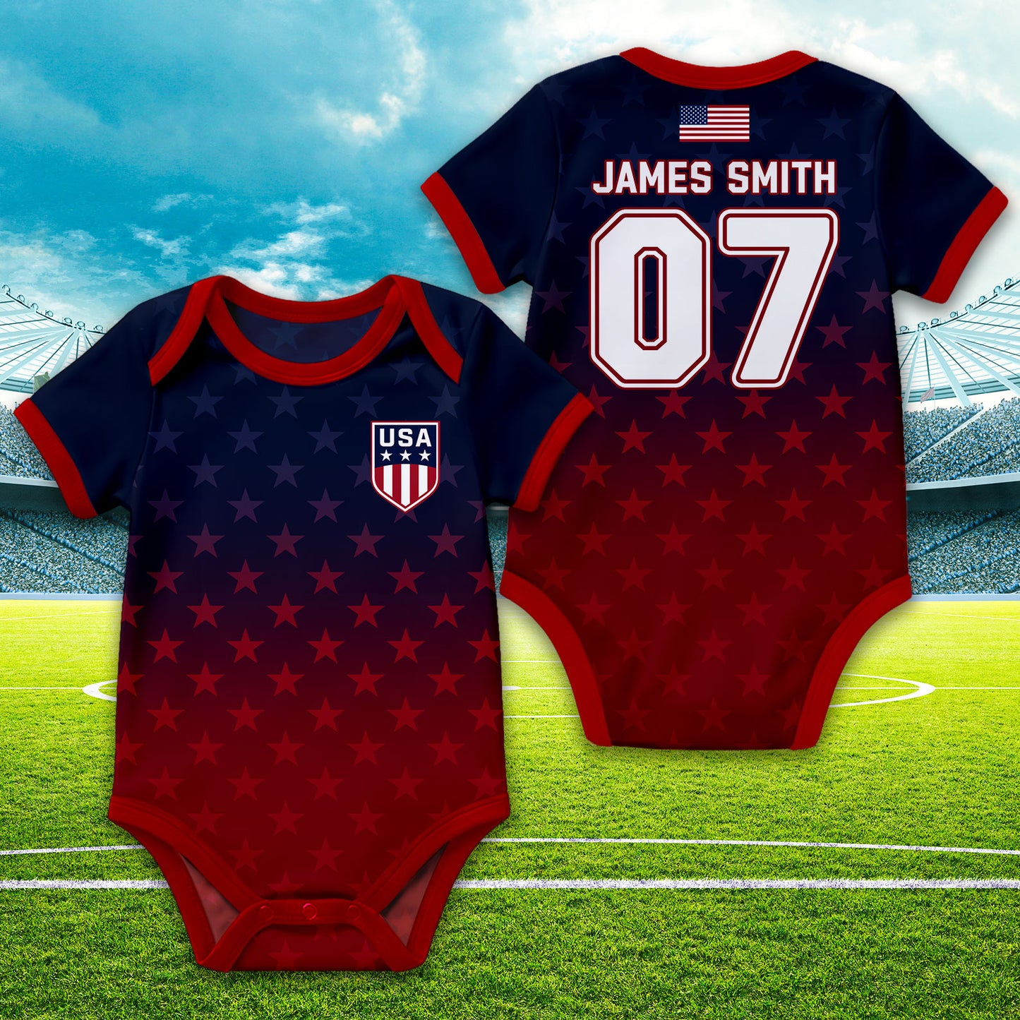 Personalized USA Flag Soccer Baby Suit, Custom Name Soccer Uniform Kit, Gift For Newborn 685388