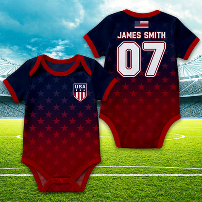 Personalized USA Flag Soccer Baby Suit, Custom Name Soccer Uniform Kit, Gift For Newborn 685388